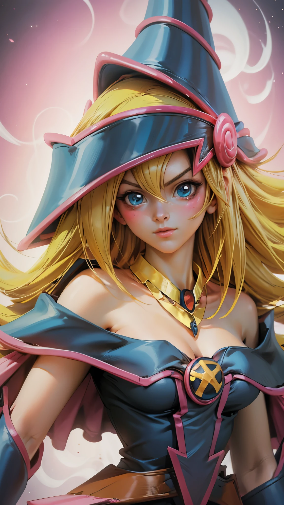  Create the beautiful face of dark magician gils.  blue eyes .  pink lips. white tea. blonde hair. . Uncovered shoulders. necklace on the neck. Face of dark magician gils  