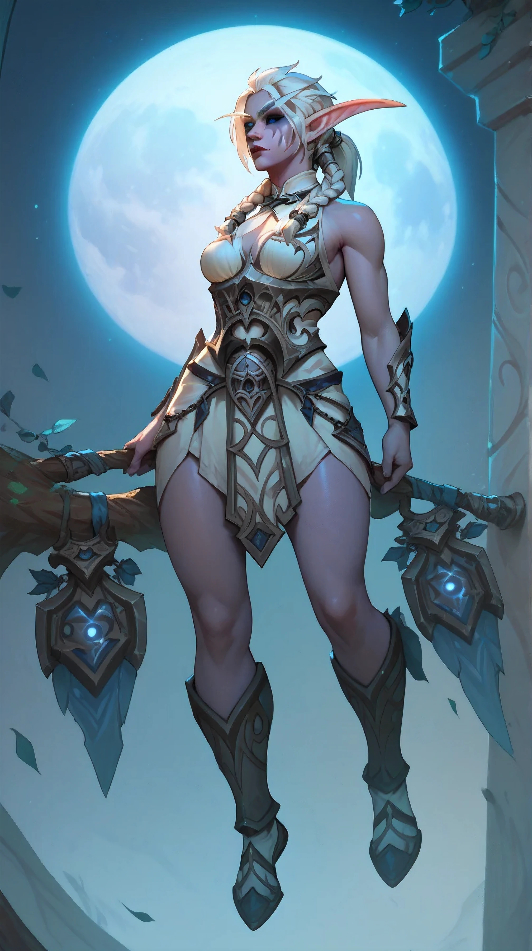 TyrN, colored skin, facial mark, pointy ears, elf, white hair, short hair, ponytail, twin braids, braided hair, blue eyes, black sclera, medium breasts, full body, moon in background