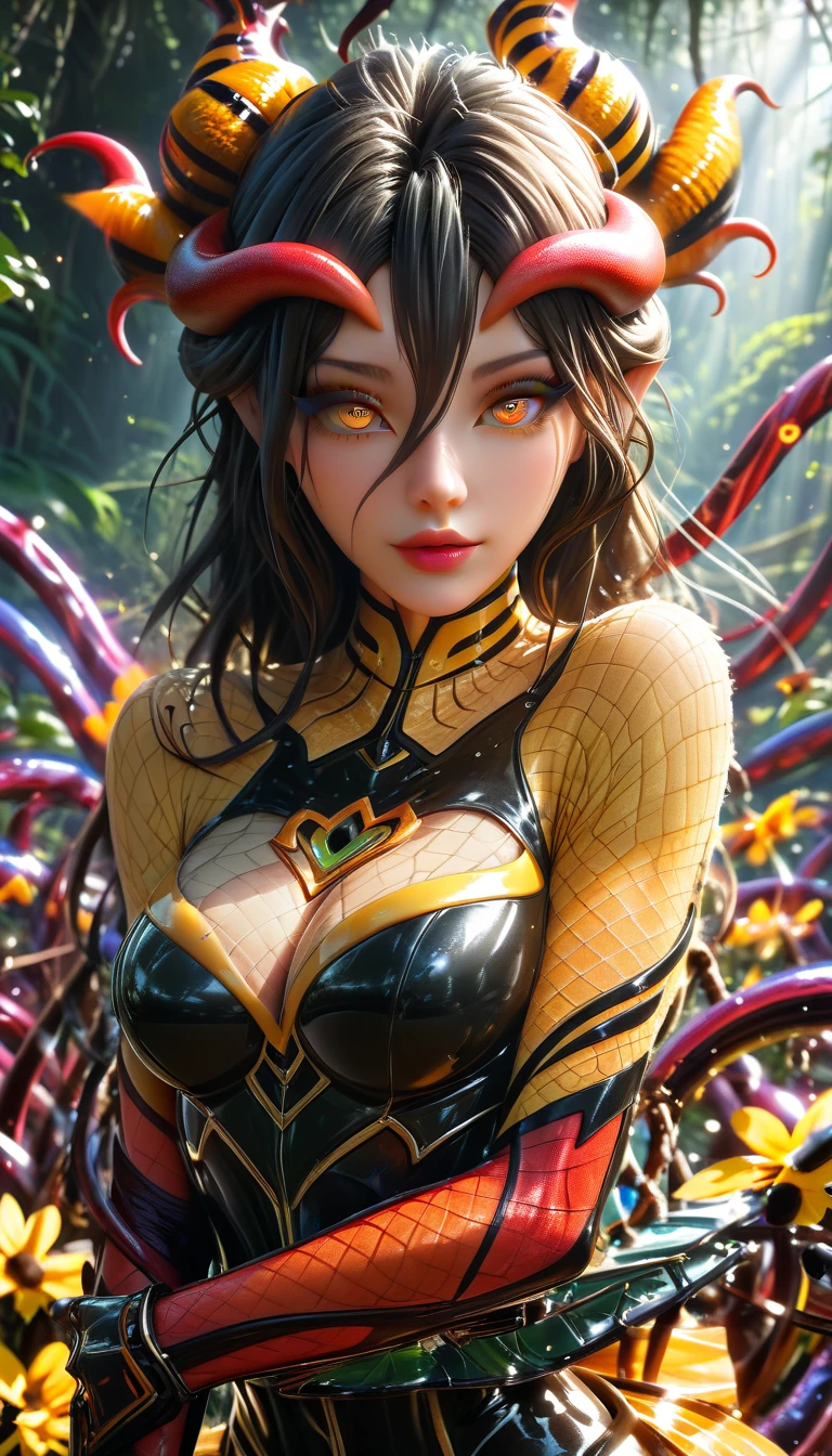 Albedo,Demon girl,  bee wings, bee skin, bee body, bee girl monster girl, evil look, sexi, claws, demonic armor, facepaint, bodypaint, red glowing eyes, combat stance,  dark aura, menacing, psychotic, highly detailed, vibrant appearance, creative behavior, imaginative, sensual, spontaneous, highest quality, skin texture, intricate details, (cinematic lighting), RAW photo, 8k, masterpiece,best quality,ultra-detailed,very detailed illustrations,extremely detailed,intricate details,highres,super complex details,extremely detailed 8k cg wallpaper,Futuristic ethereal Futuristic jungle background,tmasterpiece,（Very detailed CG unified 8k wallpaper）,（Best quality at best）,（Best Best Illustration）,（The best shadow）isometric 3D,Rendered by Octane, Ray traching,ultra - detailed (Score_9, score_8, score_7_up)(Best quality)(4k)(High resolution)(Masterpiece:1.2)(Ultra detailed) , (Scales armoured succubus)(1girl)(front view)(elf)(demon horns)(gothic face)(black hair)(demon tail)(perfect hand)(expressive eyes)(perfect face)score_9, score_8_up, score_7_up, score_6_up, score_5_up, score_4_up,(best quality,4K,8k,highres,masterpiece:1.2), ultra-detailed, hi res,(super realistic:1.37), digital media artwork, (1 Unbelievably beautiful bee  alien with long arms:1.4), armor, fully armored body, by lindong, by null-ghost, Her body has designs of snails and spiders. the background is hell, the erotic empress (neon color stripes:1.4), golden accent, (eight eyes:1.8),cinematic lighting, Silent Hill Info, long hair like tentacles, stunning beauty, The lower half of the body is that of a giant spider.,Living Clothes,Tentacles,Living Clothes,Tentacle clothes,Living Clothes 