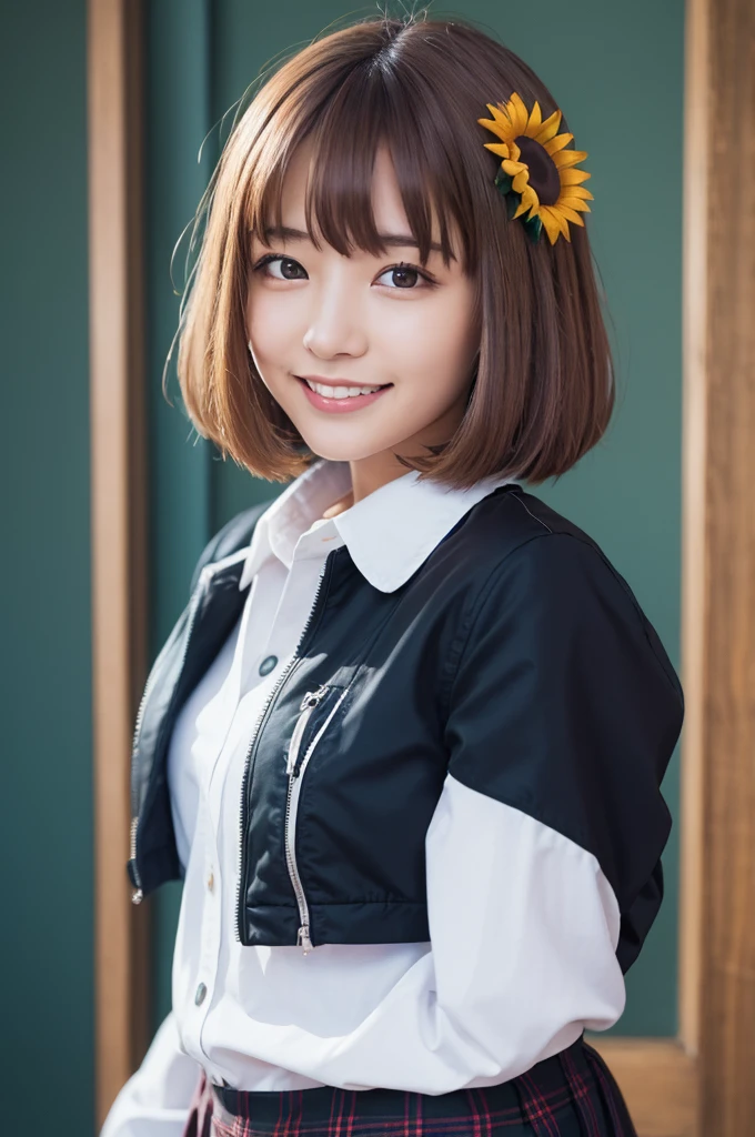 (masterpiece、 High Quality:1.2)、、 cowboy shots、solo、1 person、 honma sunflower、smile、 stares at the viewer 、Ahoge、Sunflower hair accessory、 school uniform、 black jacket 、 Plaid Skirt