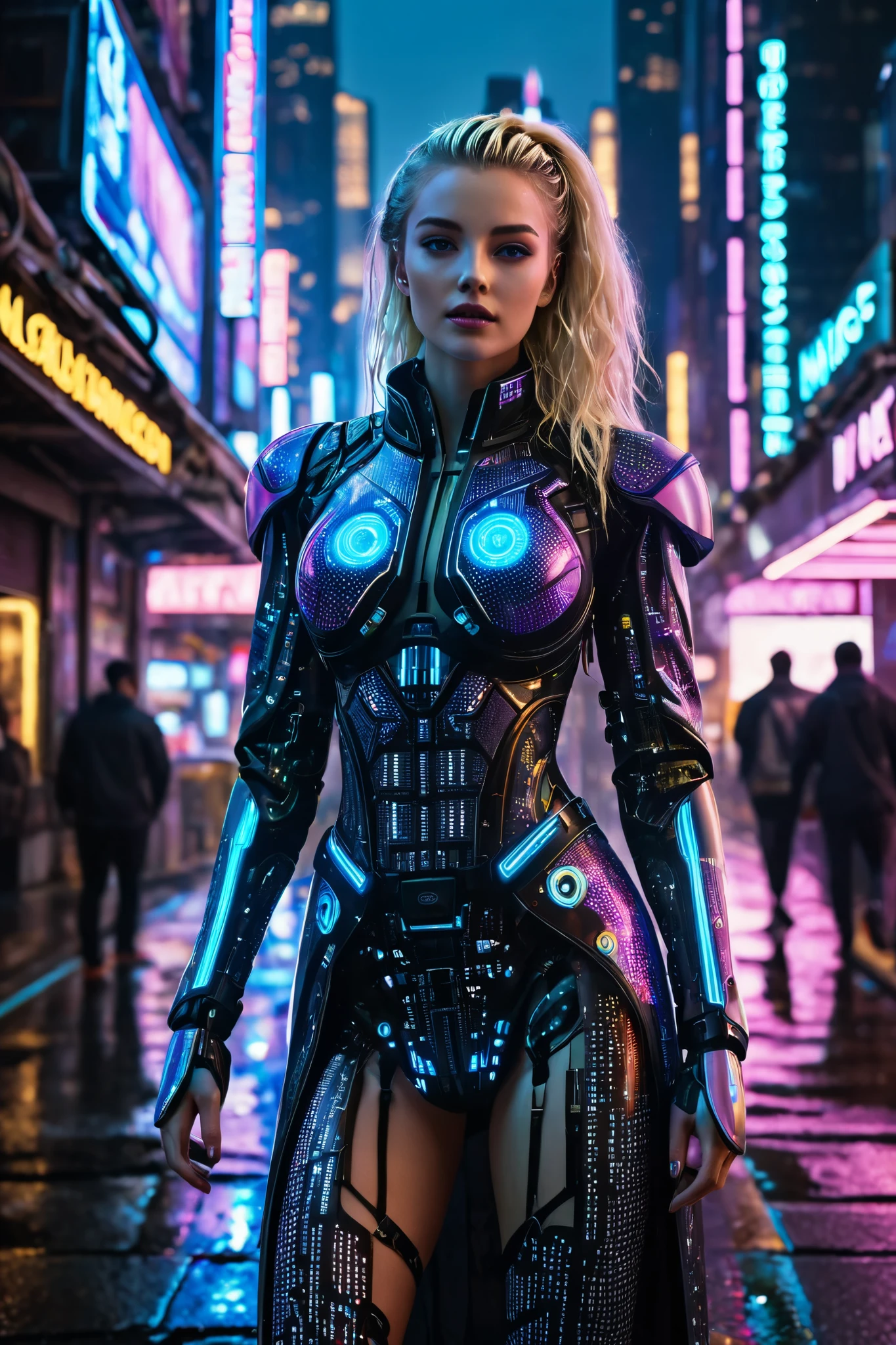 A futuristic cyberpunk city at night, glowing with neon lights and towering skyscrapers. In the foreground stands a female robot, sleek and elegant, with a blend of advanced technology and human-like features. Her body is made of polished chrome, with intricate circuit patterns glowing softly under her skin, giving her an ethereal, almost otherworldly appearance. Her eyes are artificial. She stands confidently in the middle of a rain-soaked street, her blonde hair cascading down, while droplets of water bead off her metallic frame. Around her, holographic advertisements flicker, and steam rises from the dark alleys. The atmosphere is mysterious and captivating, with a sense of both beauty and cold, calculated precision in her movements. The city behind her is both vibrant and dystopian, representing the intersection of human and machine in a world of technological advancement.