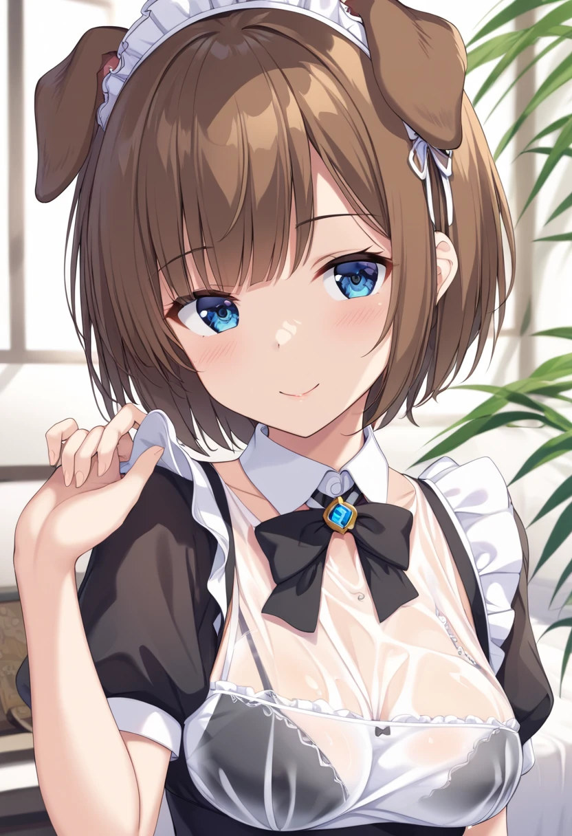 masterpiece, best quality, 1girl, solo, shikimiya mana\(re:stage\), ahoge, blue eyes, short hair, orange hair, medium breasts, hairclip\(shikimiya mana\), maid, cafe, <lora:shikimiya mana3:1:MIDD>