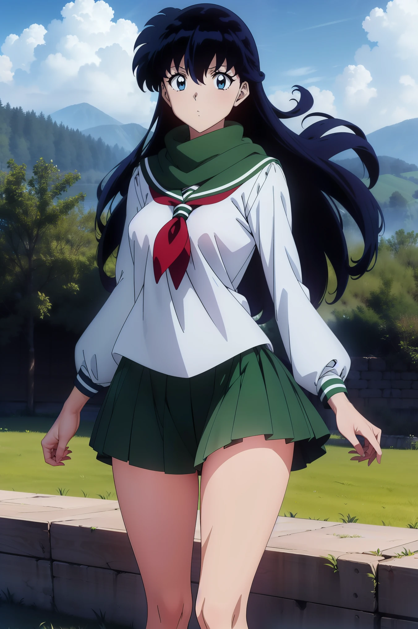 (Masterpiece: 1.6, Best Quality), (Fine Beautiful Eyes: 1.2), (best quality, masterpiece, highres), kagome higurashi, 1girl, solo, green school uniform, soft thighs , long sleeves, white socks, scenery , Best Quality, ((anime)) ((Colored)) HD, ,Standing, Green skirt, Red scarf, long  hair, Black hair between the eyes, Thighs are soft, school background pechos naturales pechos desnudos sin ropa