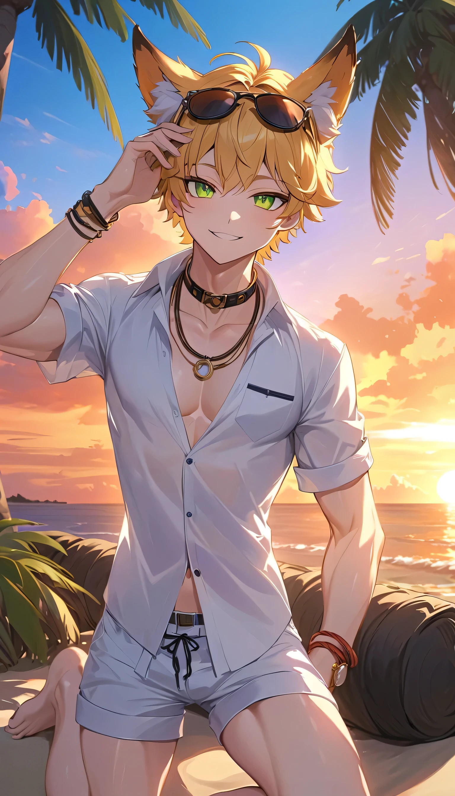 masterpiece,best quality,highres,cinematic lighting,dramatic angle,<lora:CygamesAlbert&YuriusV1-000018:0.8> ,albert,1boy,blonde hair,short hair,red eyes,seaside,white shirt,open shirt,muscular,red shorts,adjusting hair,palm trees,holding weapon,electricity,lightning,sword,looking at viewer,serious,cowboy shot,smile,parted lips,sandals,relaxed