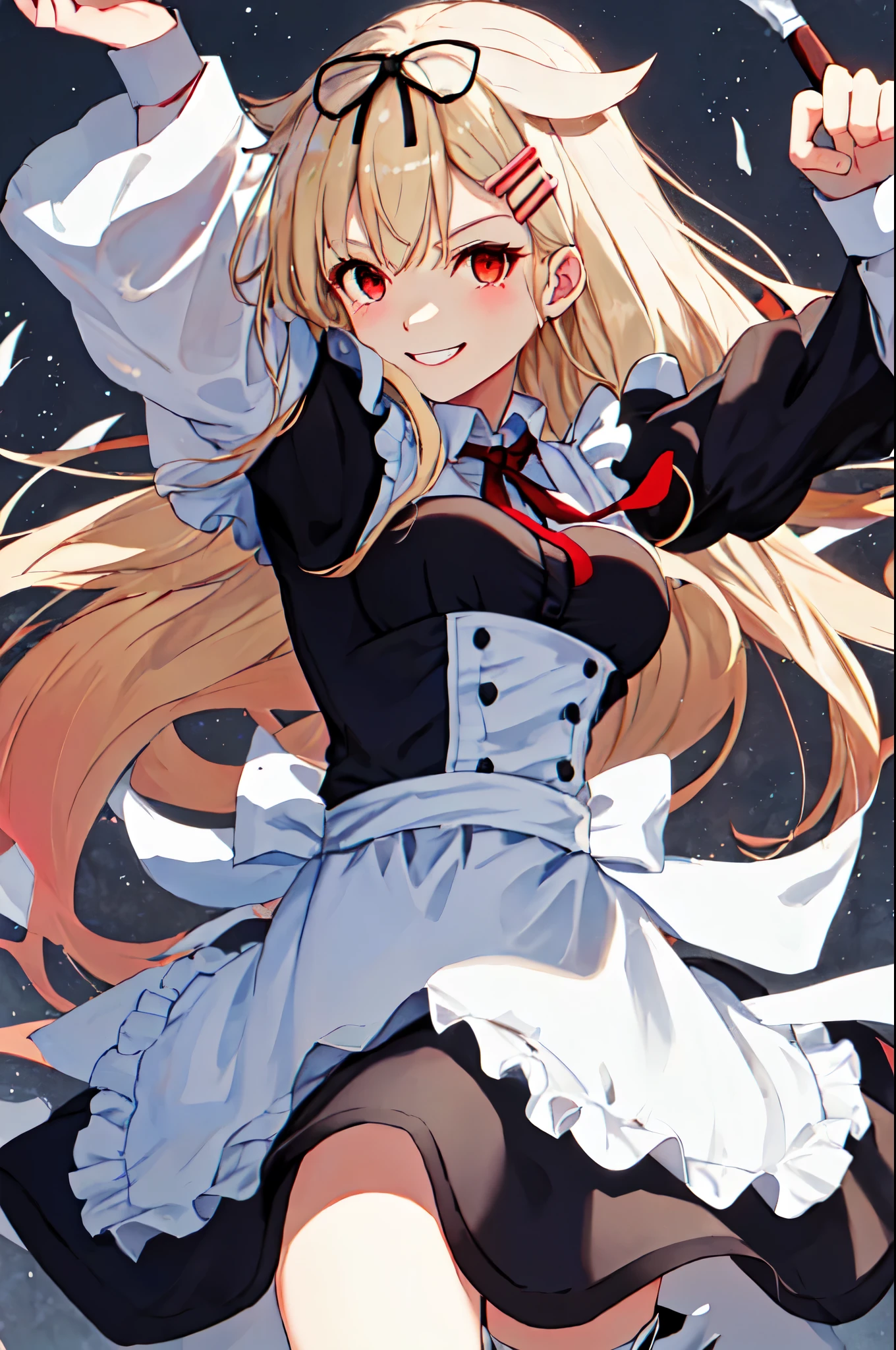  best quality, masterpiece,  high definition , Alone, {Maid:1.40}, {length Maid dress:1.15}, {yuudachi_ kantaicolection :1.15}, length_hair, blonde_hair, ribbon, hair_ribbon, hair_flap, hair_ ornament with yam, red_eye, hairclip, black_ribbon, smile, , Seraph, breast