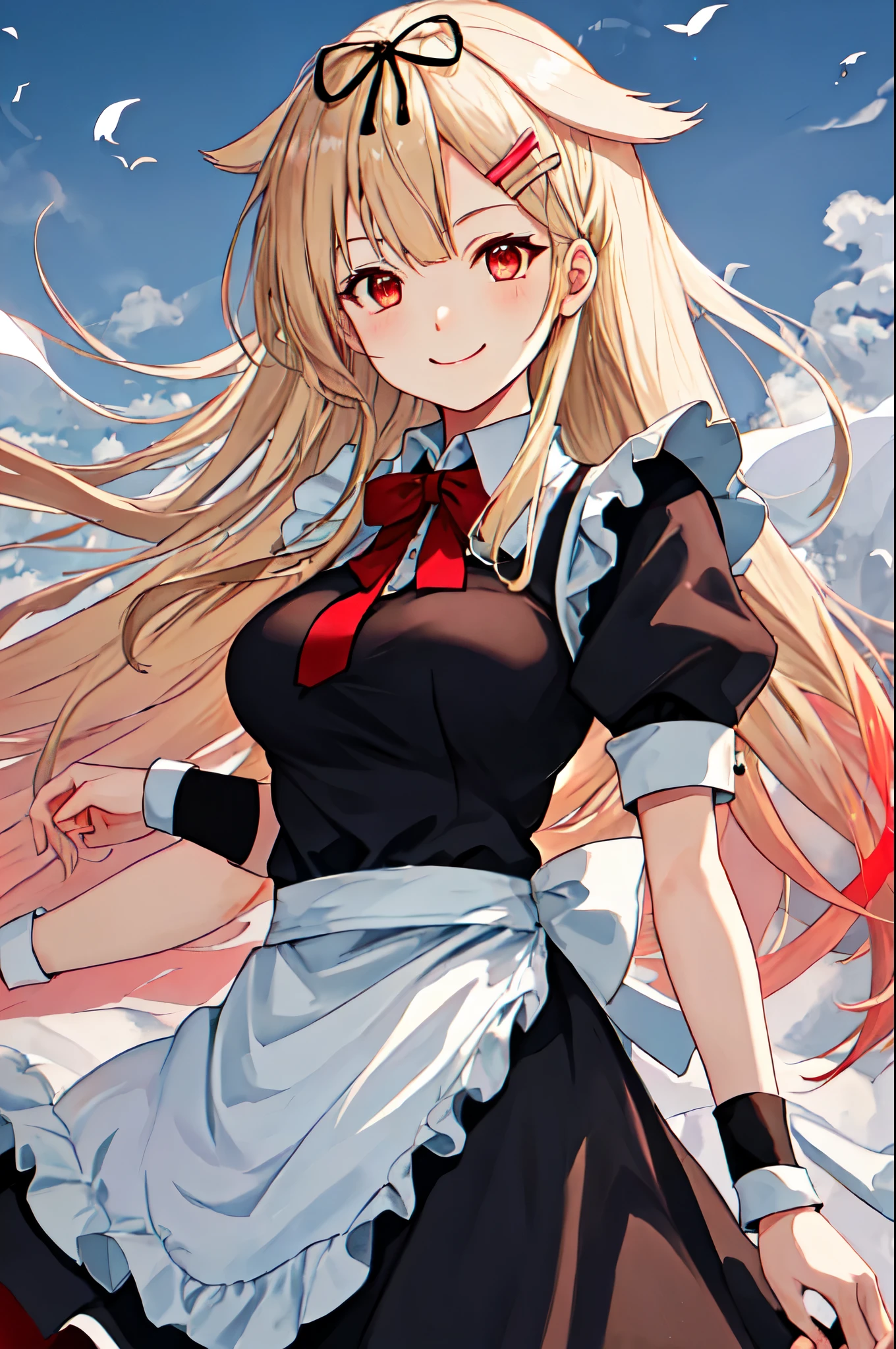  best quality, masterpiece,  high definition , Alone, {Maid:1.40}, {length Maid dress:1.15}, {yuudachi_ kantaicolection :1.15}, length_hair, blonde_hair, ribbon, hair_ribbon, hair_flap, hair_ ornament with yam, red_eye, hairclip, black_ribbon, smile, , Seraph, breast