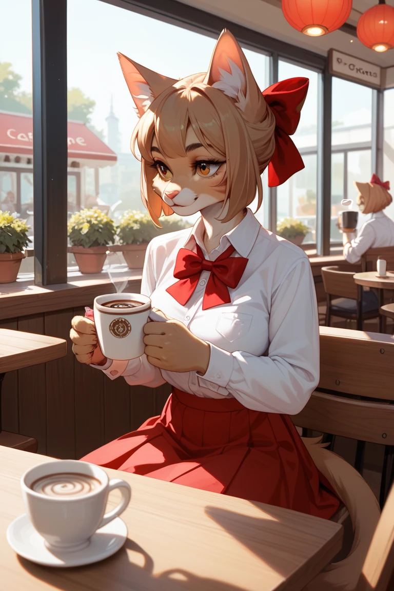 furry cat girl sitting in a cafe, at tables , A cup of coffee in his hand, red skirt,  a white shirt , Red bow 