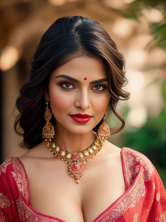 ((Full Open )) perfect pink eyes, fantastic face, Indian, beautiful look, ((red lips, bright eyes, curve heir 1.5)), ((beautiful details very big breast )), (Straight round and ultra huge clevage, not sagging breast), A glorious gorgeous, glorious gorgeous face, pretty face, bright eyes, detailed elegant printed red saree, updo elegant hair, blurred gray tones background, ultra focus, face ilumined, face detailed, 8k resolution, painted, dry brush, brush strokes, razumov style and garmash style, by Tokaito