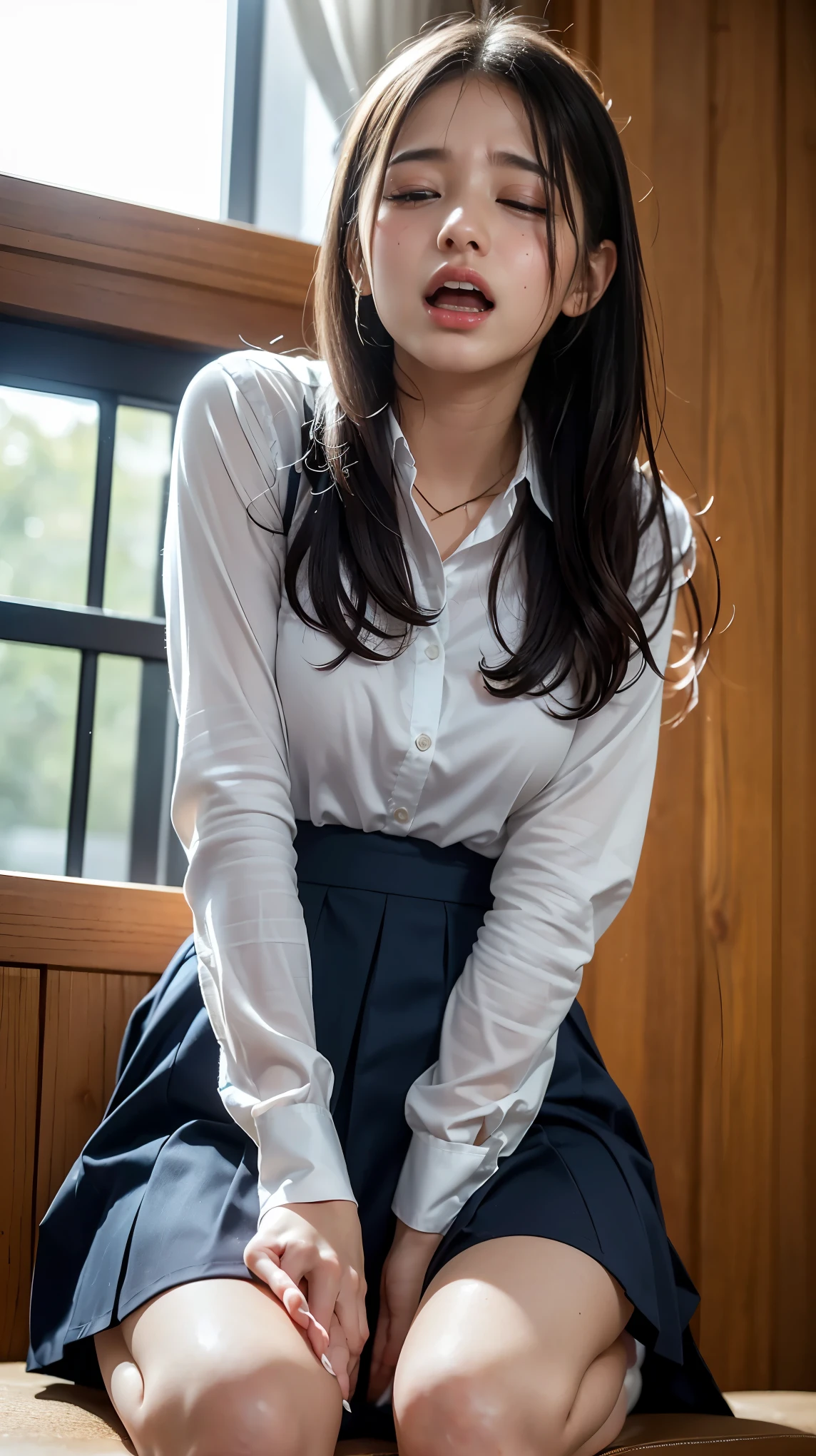 (Realistic, photo-Realistic:1.37), (masterpiece), (Highest quality:1.4), (Ultra-high resolution:1.2),(RAW Photos:1.2), ,(目のRealisticサイズ, Droopy eyes, Sleepy face, Angle from below, Realistic skin, Ecstasy face), Masturbation, Strong winds, Beautiful brown hair, ((Spread your legs, Expose the genitals,Shaved pussy)), (High School Uniform,Short mini skirt)、In the classroom, (((Focus on the pubic area, Between the legs))), ((The dark hours of dawn)), stream,Clothes are open、Nipples、I insert my finger.