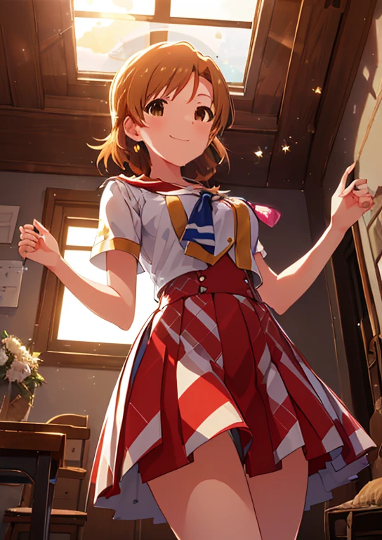  ( The Idolmaster), ( best quality, 8k, masterpiece,  very detailed:1.4), ( Lens Flare, Particles of light, Shine), Big Breasts, smile,  open your mouth, masterpiece,  best quality,  very detailed,  high definition ,  very detailedなCG, masterpiece,  Official Art, from below ,   perfect body,  red check skirt ,  sailor suit,   knight , School scene