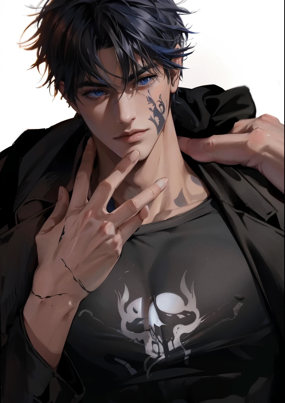 Dabi from my hero academia, very muscular, athletic, 10 pack abs, biceps, pectoral muscles, smile, wink, hearts above his head, fanart, pixiv illustration perfect anime fanart, 8k, --ar 2:3 --q 4 --niji 5 --s 180