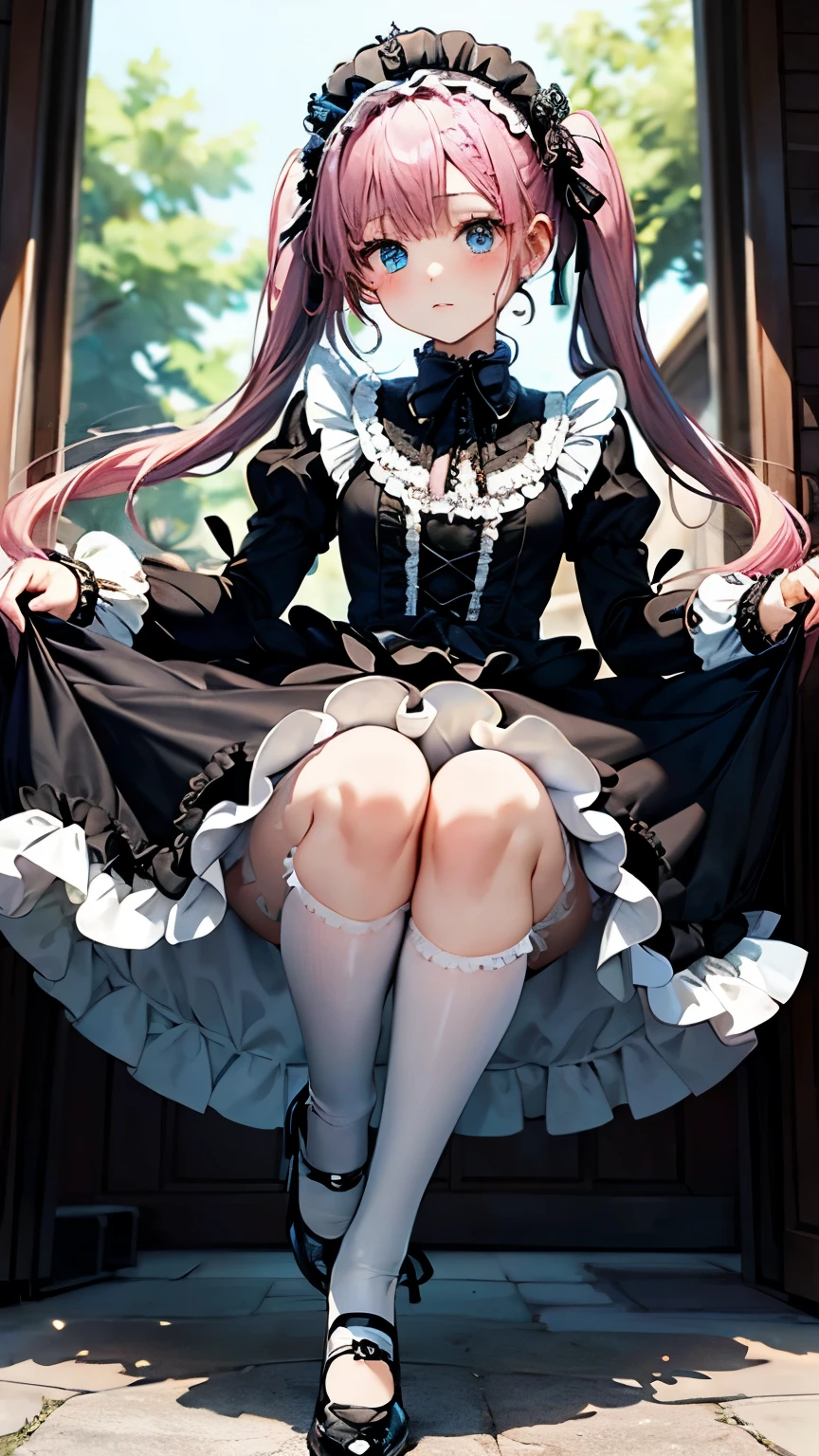 One girl, Cosmetan, methane, Twin Drill, Pink Hair, blue eyes, dress, Outdoor, Fallen leaves, (((skirt lift))), (((squat, spread leg))), (((white panties, White garter belt, white garter hose))), (((From below))),