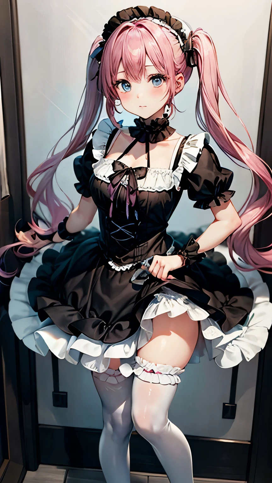 "A full-body illustration of a cute anime-style girl with pink hair styled in large, tied twin tails, light blue eyes, wearing a frilly Gothic ta fashion outfit based on black, a white frilly headband with many frills on her head, white tights, and cute Gothic Lolihoes. She is standing in a pose that showcases her entire outfit from head to toe."