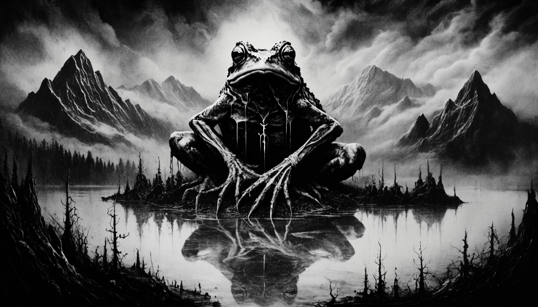 blackmetal style, xerox, black and white, cloudy black sky, central religious frog, mountains in the distance, fog, water below,
