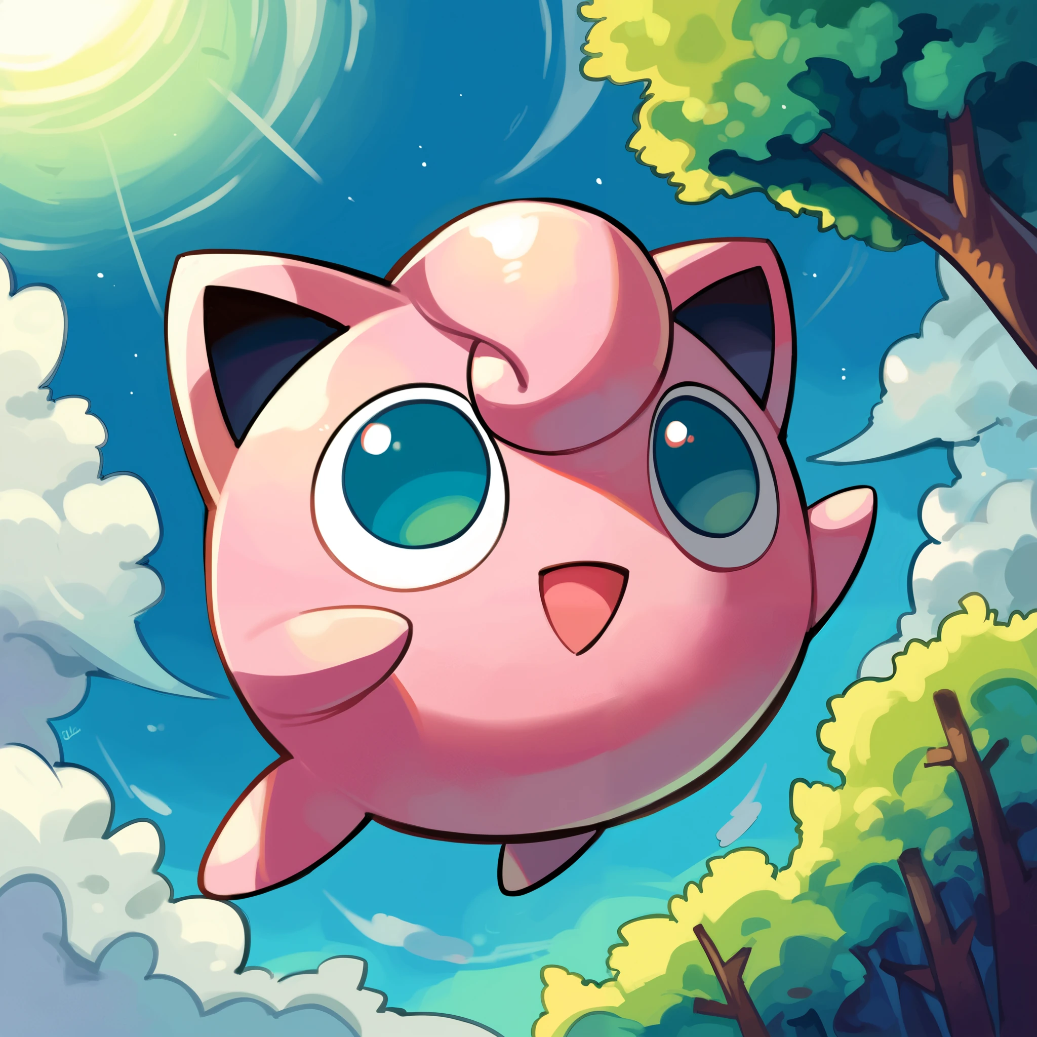 score_9_up, score_8_up, score_7_up, best quality, masterpiece, source_anime, detailed background, blue background, clouds, trees, looking up:1.2, BREAK 1girl, solo, jigglypuff_(\pokemon\), pokemon_(creature), pink body, circle body, big ears, pink hair, big eyes, green eyes, smile, jumping, open mouth, 