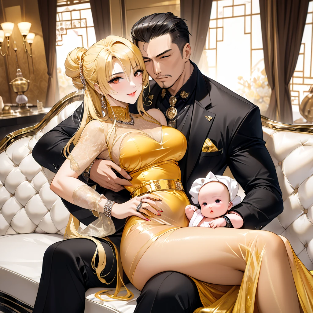 ((Highest quality)), ((masterpiece)), (detailed), (Perfect Face)、The woman is a Thai woman named Tsukino Usagi, and is in a luxurious Thai mansion, wearing a gorgeous, glittering, traditional Thai dress with gold embroidery, gorgeous jeweled accessories and an engagement ring. The woman and the man are sitting on a luxurious, large sofa in the luxurious room, and the woman is being held in the arms of a dignified, middle-aged Thai man wearing a dignified, sturdy Thai traditional dress.、The woman is the elegant Tsukino Usagi, with long blonde hair in a chignon twin tail, and the woman is a Thai girl wearing a gorgeous Thai dress.、the woman is pregnant
