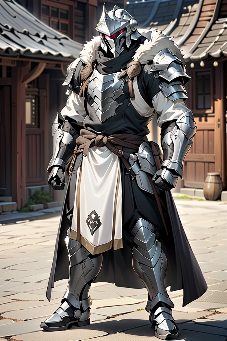 male.Goblin Slayer .Paladin,Wear heavy armor (platinum),helmet,karate,cloak,Fur collar , Black Fur Cloak. background village square .Standing. Full body photo , man,  Very Detailed 