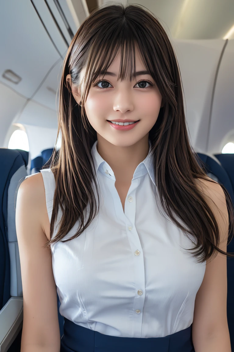 top-quality、​masterpiece、超A high resolution、(Photorealsitic:1.4)、Raw photo、1人、Brown hair with bangs、drooing eyes、thin-waist、Colossal tits、CA Uniform、On the plane、slim figure、Light smile with visible teeth