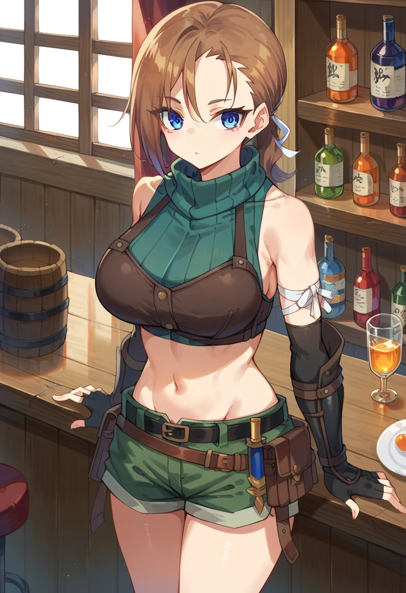 1girl, solo, RhudaRunebeck, long hair, asymmetrical bangs, brown hair, low ponytail, short ponytail, white ribbon, blue eyes, 
turtleneck, sleeveless, ribbed shirt, green shirt, crop top, breastplate, navel, elbow gloves, fingerless gloves, black gloves, arm guards, 
black belt, belt pouch, short shorts, green shorts, 
bar