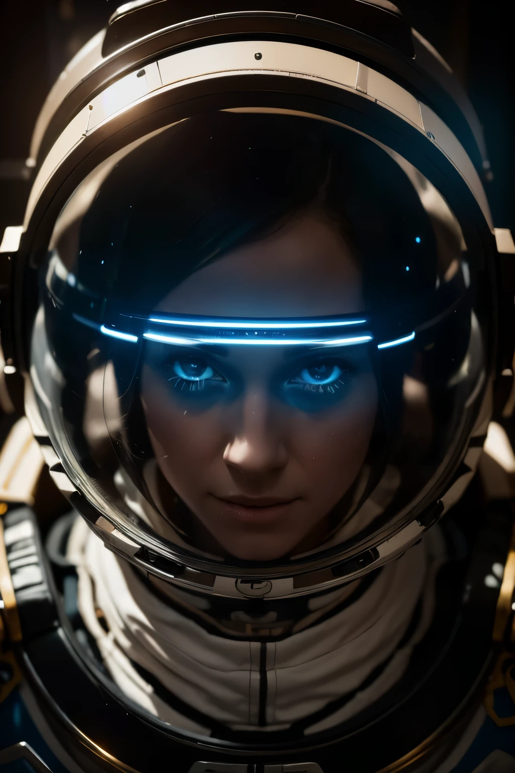 A highly detailed astronaut floating in a futuristic space station, hyperrealistic, intricate machinery, glowing holographic displays, sleek metallic surfaces, dramatic lighting, cinematic composition, vivid colors, 8K, photorealistic