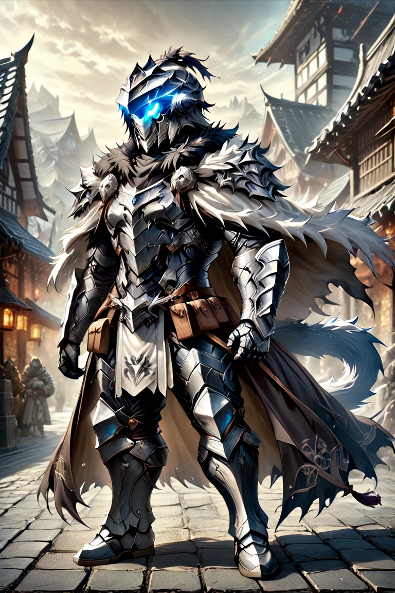 male.Goblin Slayer .Paladin,Wear heavy armor (platinum),helmet,karate,cloak,Fur collar , black fur cape. background village square .Standing. Full body photo , man,  Very Detailed 