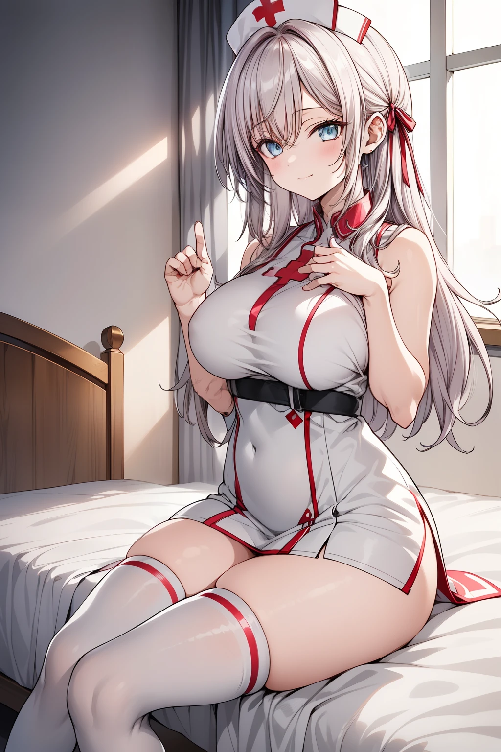 "(masterpiece), (best quality), (ultra-detailed), (high resolution), (sharp focus), (anime style), (soft lighting)
Alisa, (long flowing blonde hair), (blue eyes), (voluptuous figure with hourglass shape), (large, full bust), (soft and confident smile)
Outfit: (tight nurse outfit), (short white dress), (deep V-neck), (sleeveless), (red cross symbol on chest), (bare thighs), (white stockings), (high heels)
Scene: (indoors, hospital room), (soft ambient lighting), (clean and minimal decor), (sitting on a hospital bed with a white sheet)
Pose: (sitting at the edge of the bed), (legs slightly crossed), (both hands resting gently on her thighs), (relaxed posture), (looking slightly to the side with a warm expression)
(deformed hands:1.5), (deformed fingers:1.5), (extra fingers:1.5), (bad anatomy:1.5), (weird proportions:1.5)