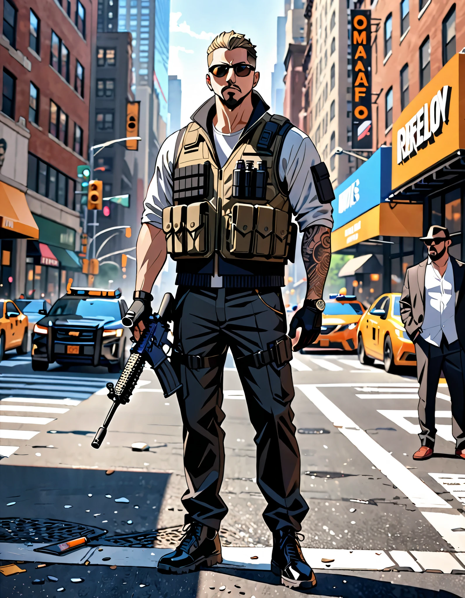 best quality, masterpiece, hires, 8k, solo, solo focus, highly detailed, 1male, male focus, Mafia enforcer with AR-15 rifle, street clothes, bulletproof vest, New York backdrop, daytime, full body shot