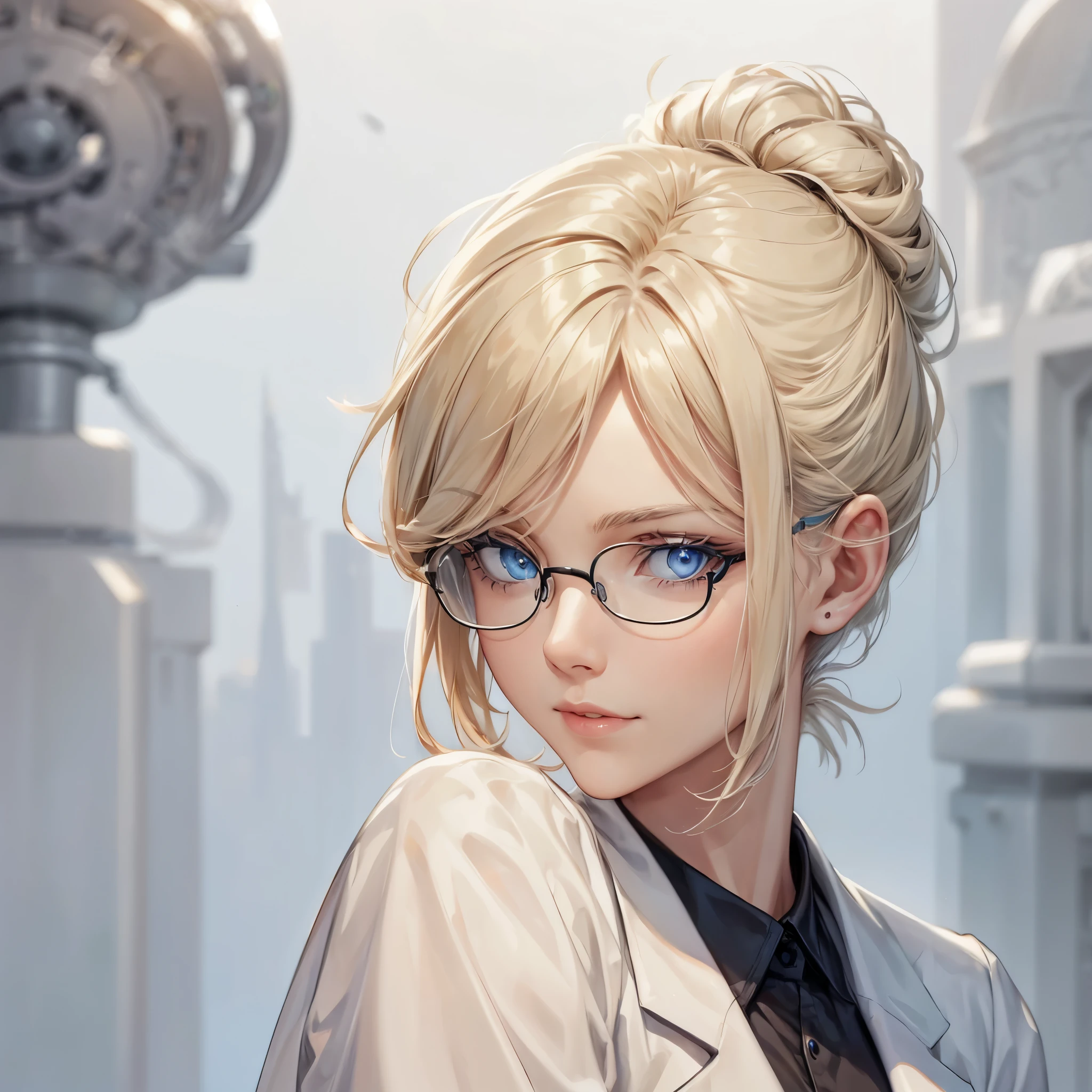 (Highest quality, High resolution, Very detailed),1 girl, Beautiful and elegant light blue eyes perfect eyes,, lady, scientist, smooth face, European face, Blonde Hair, short hair, single big hair bun, Wearing a suit, Mature Woman, Age 25, Cruel smile, Calm and Calm, Slim figure, Pale complexion, thin, Calm, white lab coat, black pants, black shirt, blue eyes, glasses, looking to the viewer in a sidelong glance, full head, figure visible up to waist