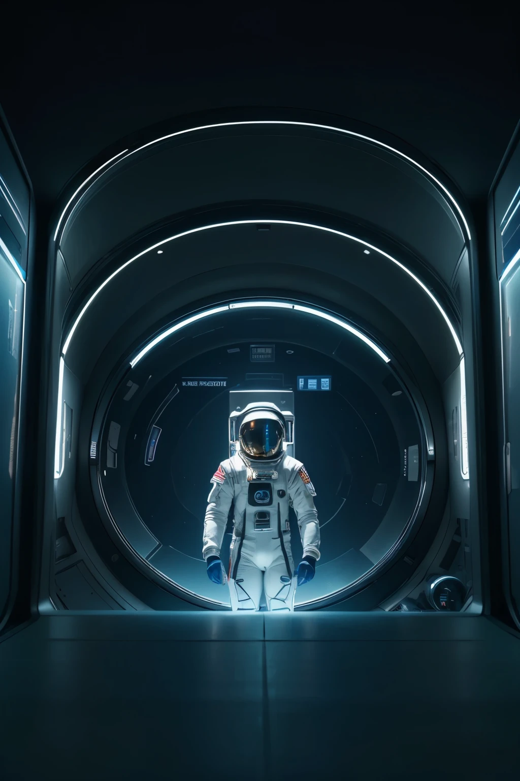 A highly detailed astronaut floating in a futuristic space station, hyperrealistic, intricate machinery, glowing holographic displays, sleek metallic surfaces, dramatic lighting, cinematic composition, vivid colors, 8K, photorealistic