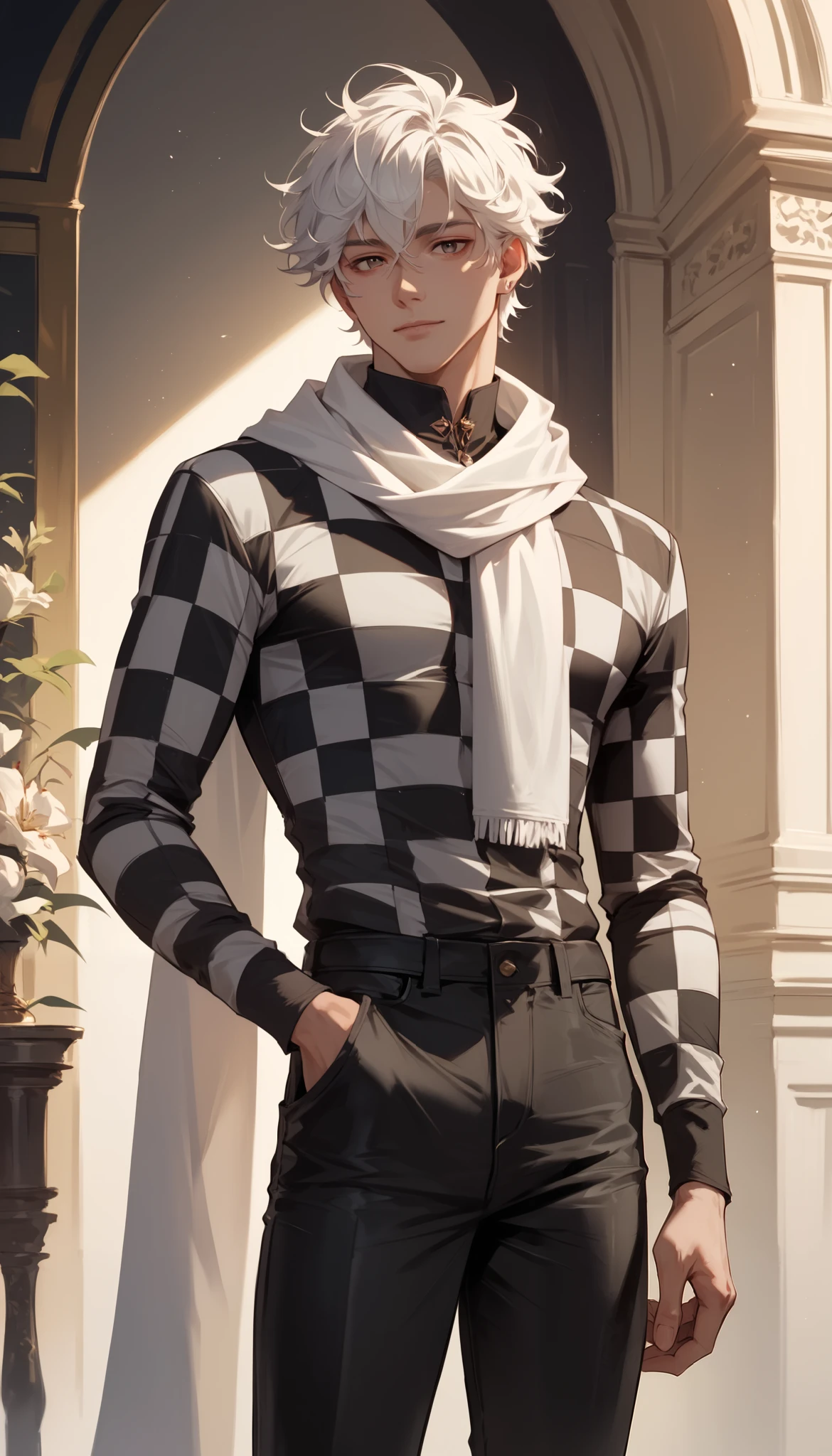 Izayoi Seishin artstyle, (score_9, score_8_up, score_7_up), (best quality, masterpiece),perfect anatomy,(aesthetic,very aesthetic),official style, (ultra-high resolution), 1boy, messy white hair, checkered black and white long sleeve shirt, white scarf, black trousers