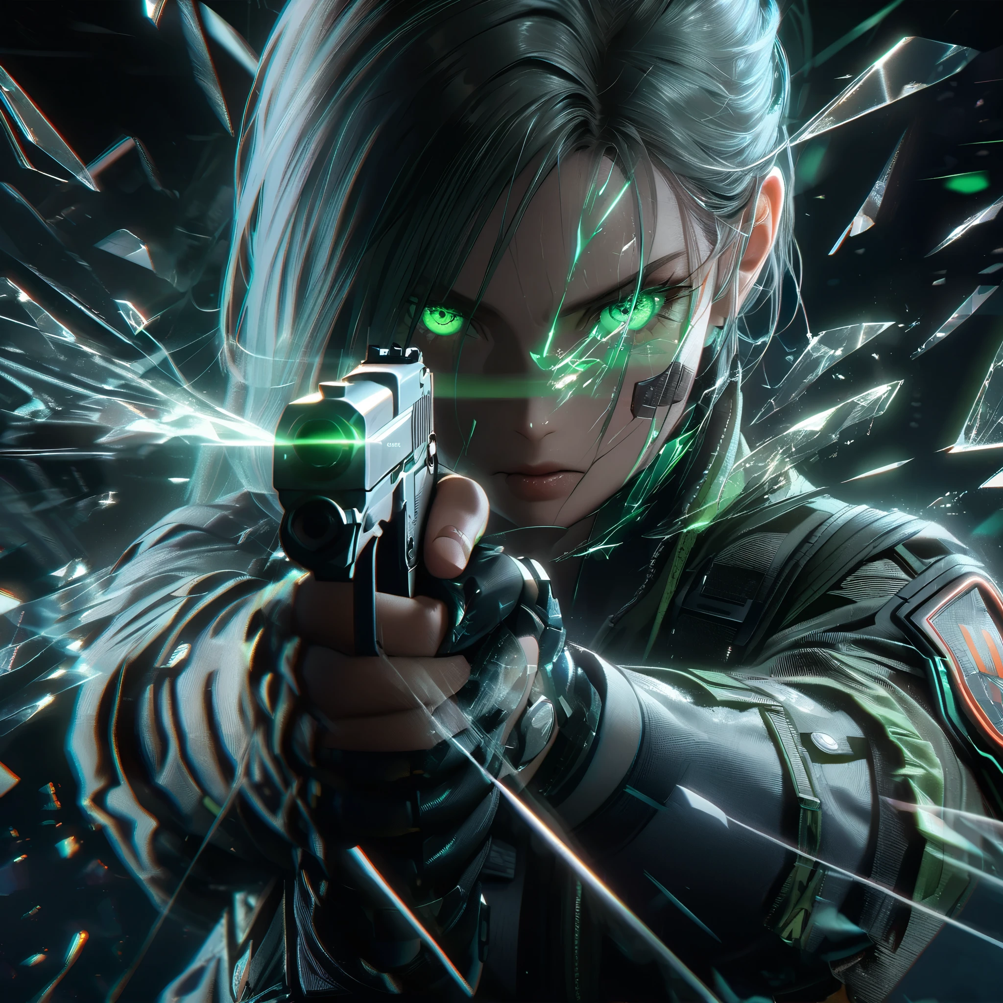 A cyberpunk-style close-up illustration of a female character aiming a futuristic handgun directly at the viewer. The scene features shattered glass fragments spreading dynamically outward, creating a sense of impact and intensity. The character has a sharp gaze with glowing green eyes, her expression fierce and focused. She wears a tactical jacket with detailed patches and a metallic, high-tech design, illuminated by subtle neon lighting. The background is dark and blurred, accented with faint futuristic light streaks, enhancing the dramatic tension. The overall aesthetic combines realism and a high-energy, cinematic feel with an emphasis on vivid details and action.