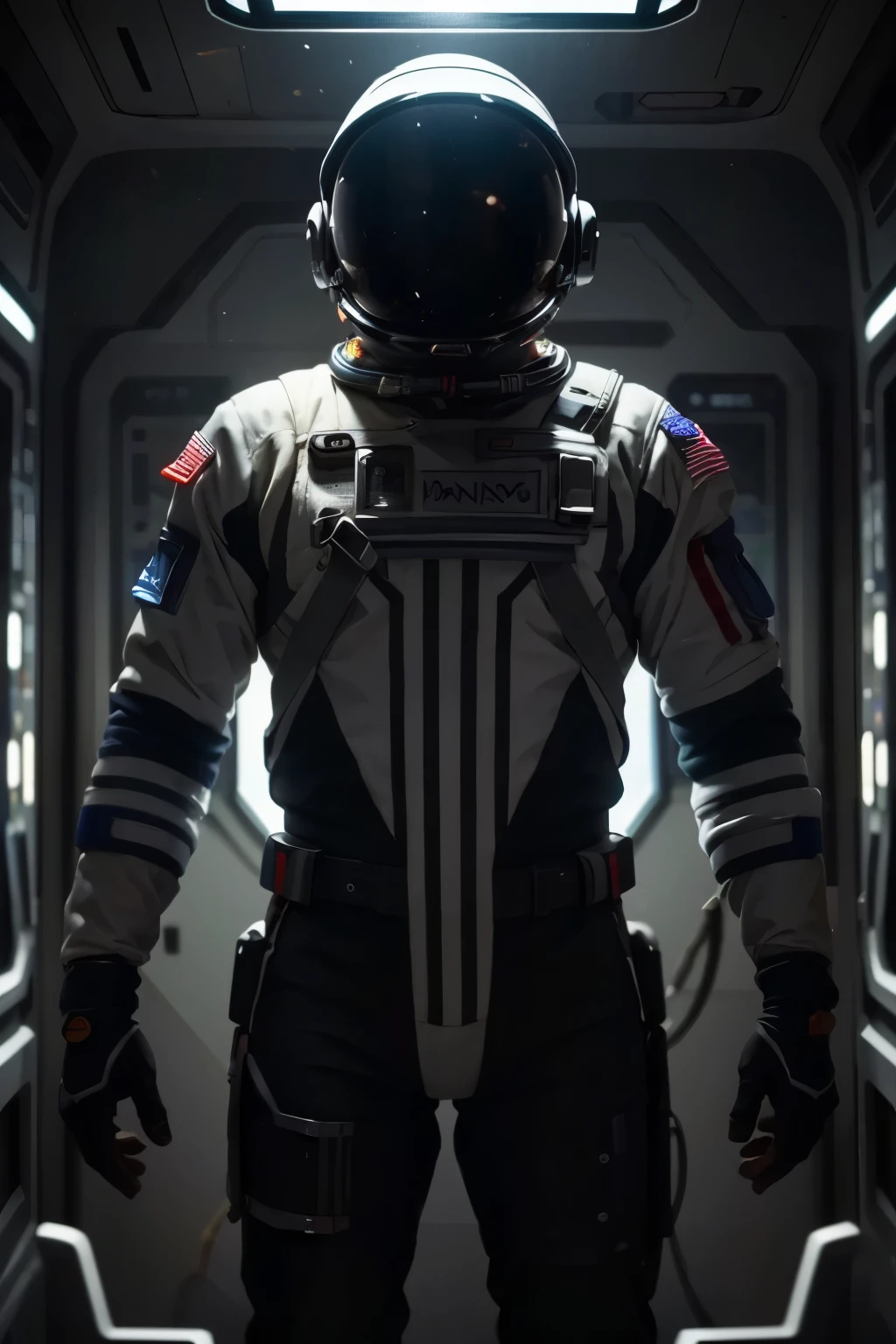 A highly detailed astronaut floating in a futuristic space station, hyperrealistic, intricate machinery, glowing holographic displays, sleek metallic surfaces, dramatic lighting, cinematic composition, vivid colors, 8K, photorealistic