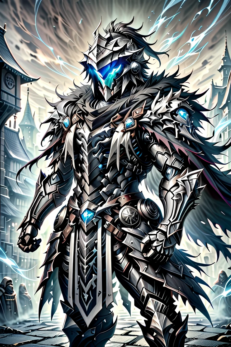 male.Goblin Slayer .Paladin,Wear heavy armor (platinum),helmet,karate,cloak,Fur collar , black fur cape. background village square .Standing. Full body photo , man,  Very Detailed 