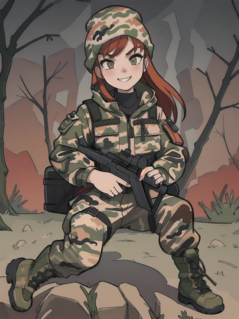 girl menacing eyes with smile and red hair, with a camouflage jacket, tactical glovers, camouflage balaclava, camouflage pants and army boots, forest, night, in the house 