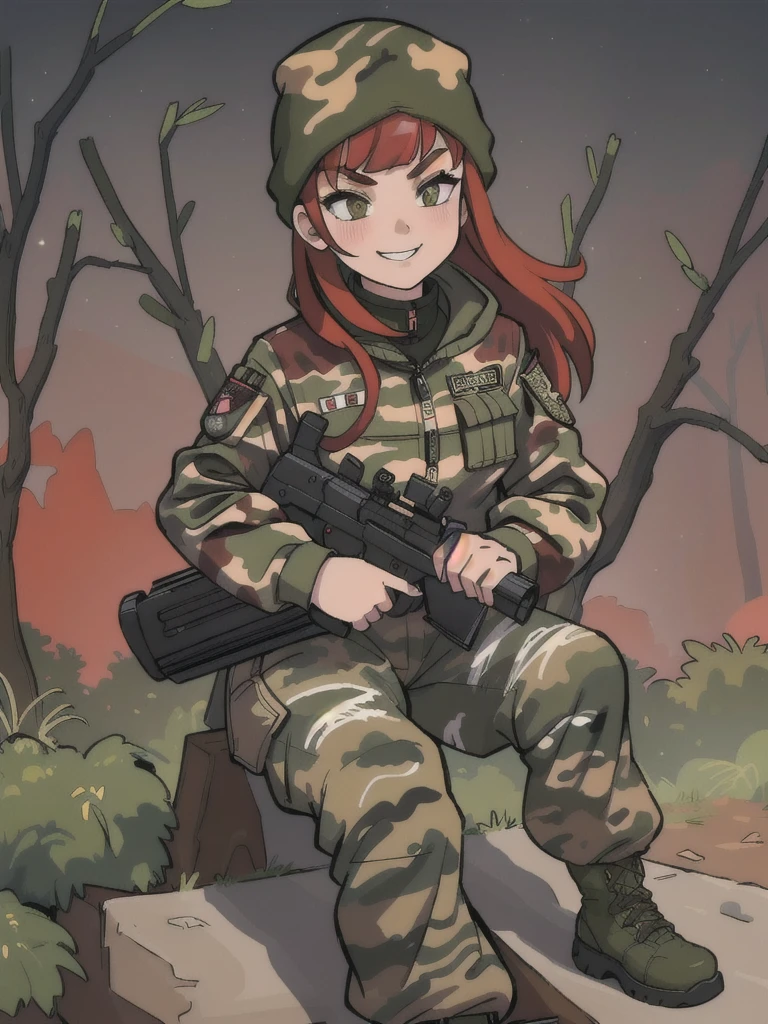 girl menacing eyes with smile and red hair, with a camouflage jacket, tactical glovers, camouflage balaclava, camouflage pants and army boots, forest, night, in the house 