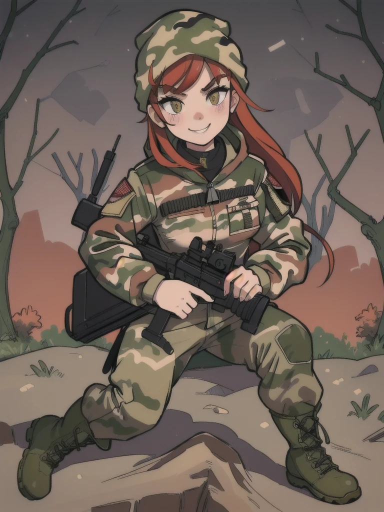 girl menacing eyes with smile and red hair, with a camouflage jacket, tactical glovers, camouflage balaclava, camouflage pants and army boots, forest, night, in the house 