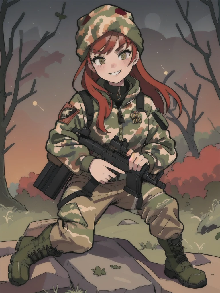 girl menacing eyes with smile and red hair, with a camouflage jacket, tactical glovers, camouflage balaclava, camouflage pants and army boots, forest, night, in the house 