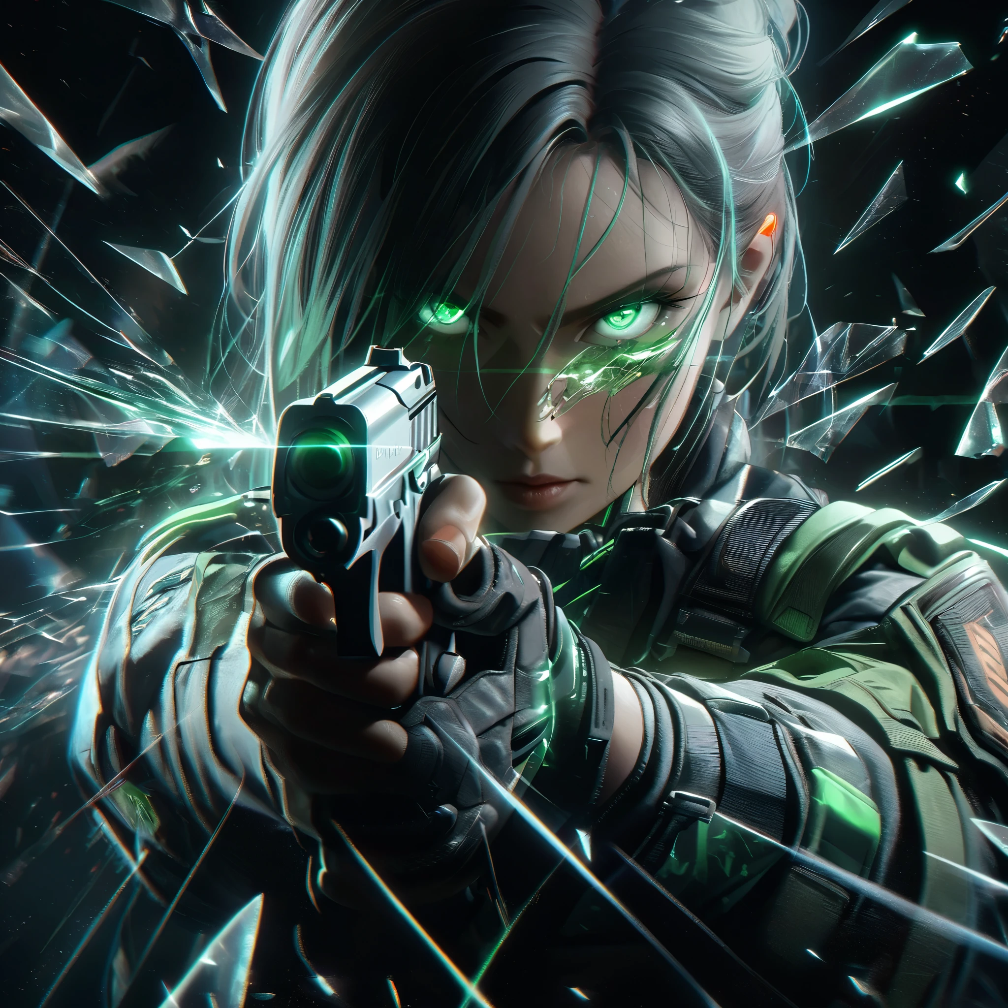 A cyberpunk-style close-up illustration of a female character aiming a futuristic handgun directly at the viewer. The scene features shattered glass fragments spreading dynamically outward, creating a sense of impact and intensity. The character has a sharp gaze with glowing green eyes, her expression fierce and focused. She wears a tactical jacket with detailed patches and a metallic, high-tech design, illuminated by subtle neon lighting. The background is dark and blurred, accented with faint futuristic light streaks, enhancing the dramatic tension. The overall aesthetic combines realism and a high-energy, cinematic feel with an emphasis on vivid details and action.