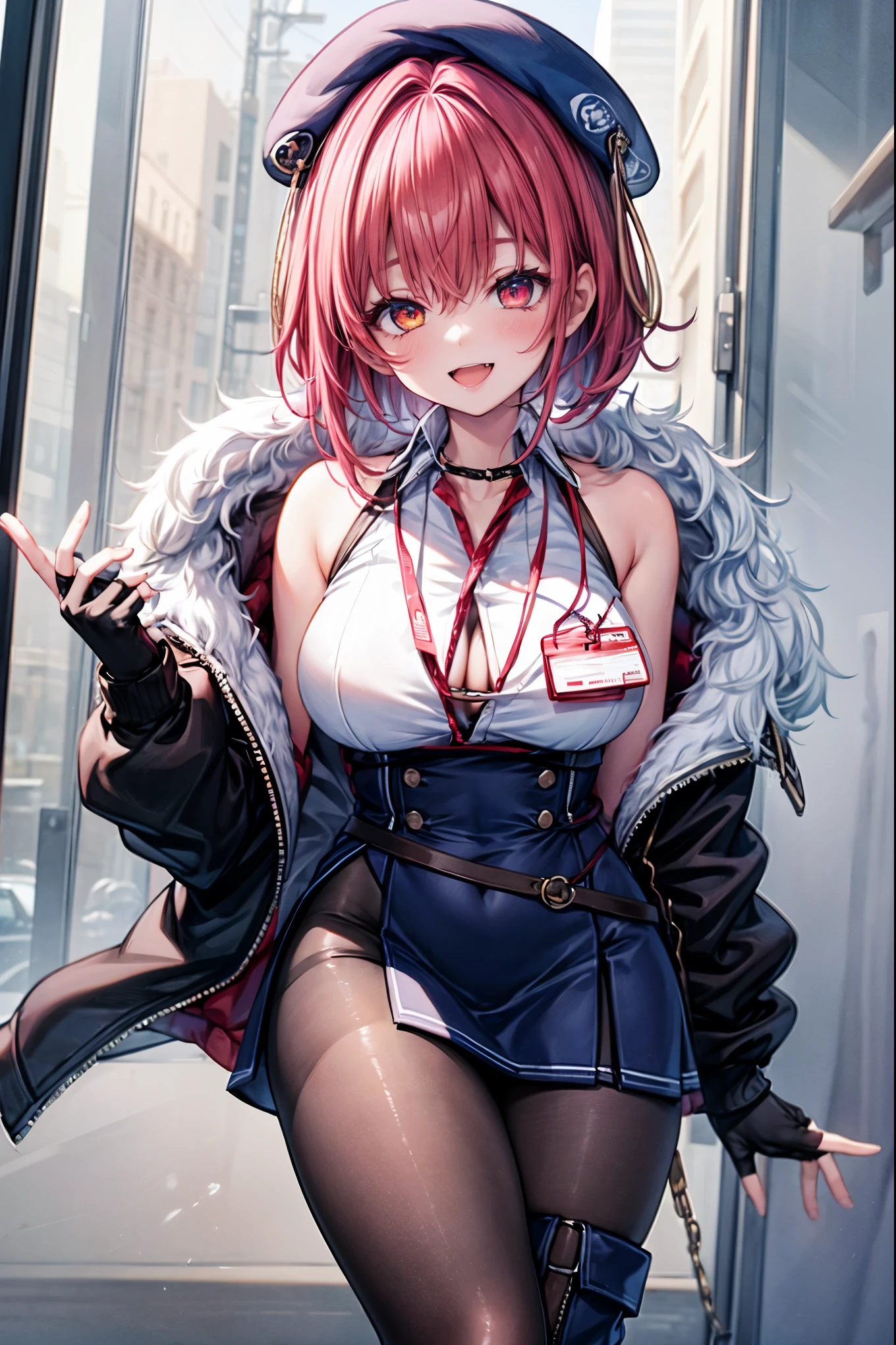 ((Masterpiece)), (Best Quality), marine_beret, Collared_White_Shirt, Sleeveless, High-waisted Skirt, Pantyhose, Blue Jacket, Fur Embellishment, Fingerless Gloves, ID Card, Solo,marine_officer,, black pantyhose, black gloves, thigh boots, beret,houshou_marine,heterochromia, red eyes, orange eyes,open_mouth,big_smile,evil_smile,fang,large_breasts,,office_landscape,red_short_hair,(plump:0.7),open_mouth,tongue, slouch,pov,grin,evil,