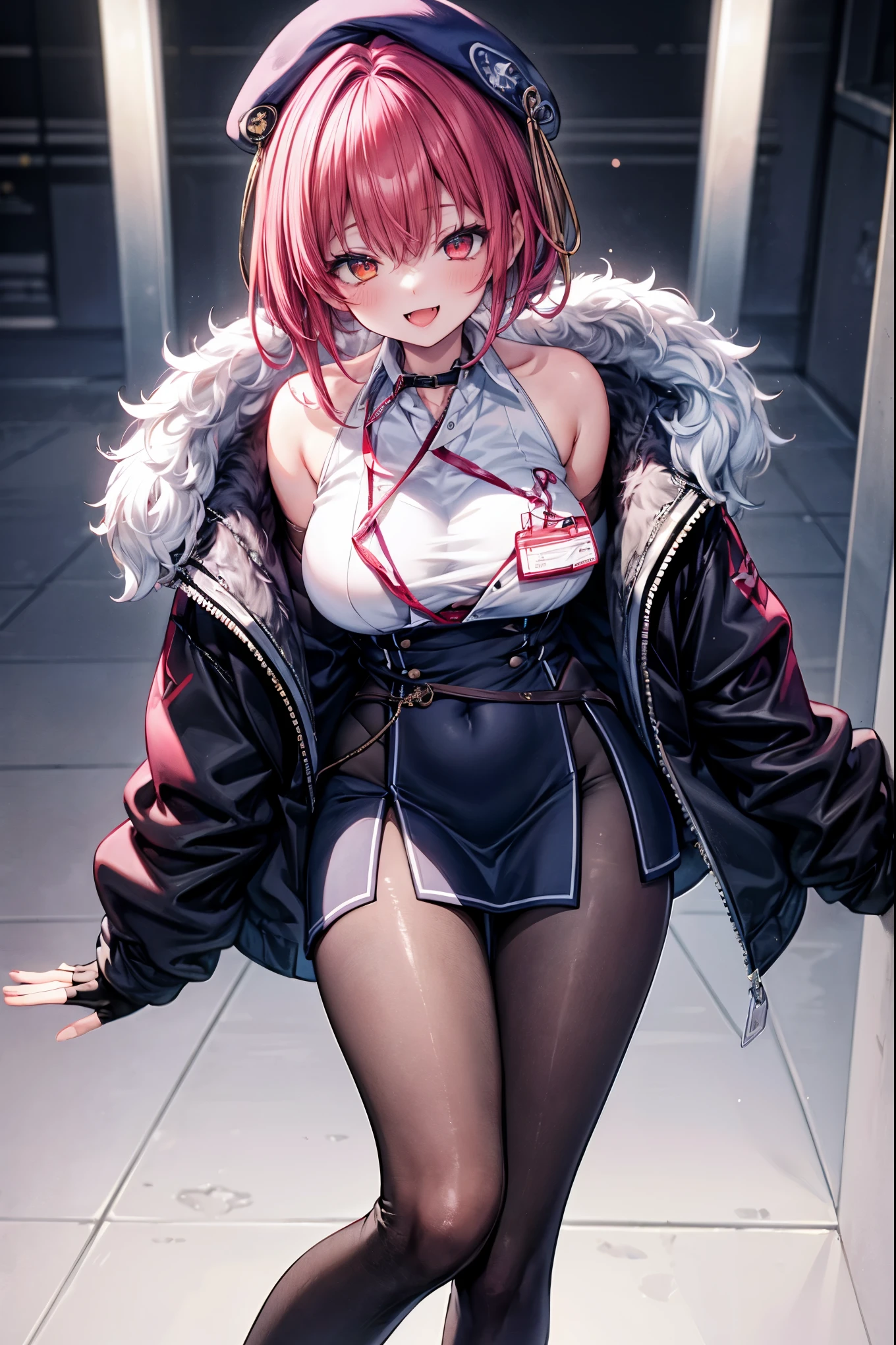 ​masterpiece, top-quality, hight resolution,Marine_beret, Collared shirt, Sleeveless, high waist skirt, pantyhose, Blue jacket, Fur trim, ID Card、big breasts、Chest chiller、Blue headphones