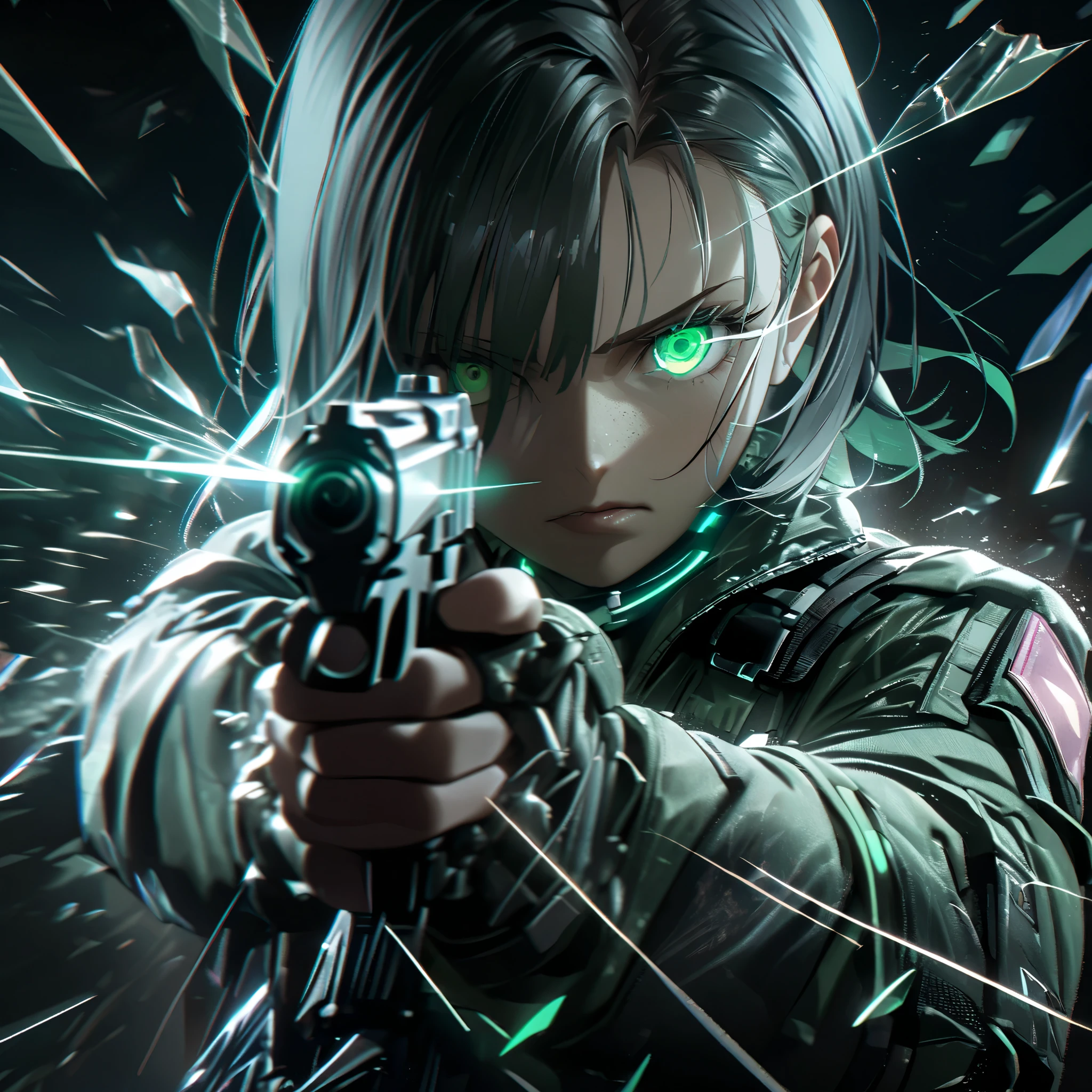 A cyberpunk-style close-up illustration of a female character aiming a futuristic handgun directly at the viewer. The scene features shattered glass fragments spreading dynamically outward, creating a sense of impact and intensity. The character has a sharp gaze with glowing green eyes, her expression fierce and focused. She wears a tactical jacket with detailed patches and a metallic, high-tech design, illuminated by subtle neon lighting. The background is dark and blurred, accented with faint futuristic light streaks, enhancing the dramatic tension. The overall aesthetic combines realism and a high-energy, cinematic feel with an emphasis on vivid details and action.