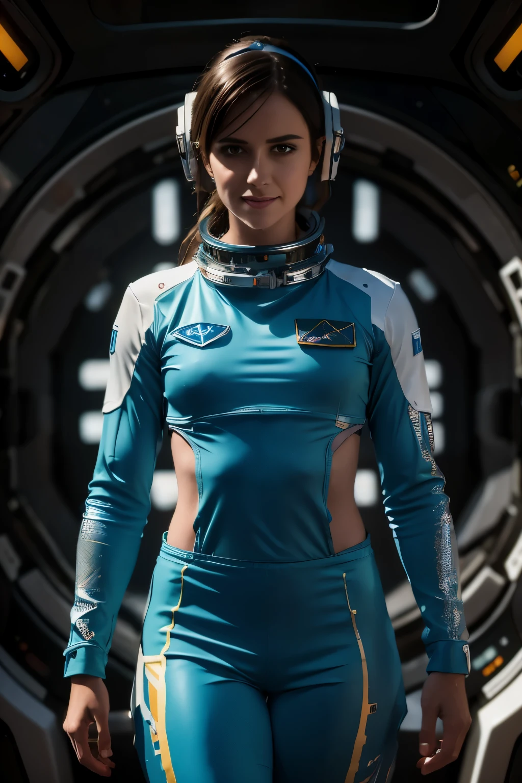 A highly detailed astronaut floating in a futuristic space station, hyperrealistic, intricate machinery, glowing holographic displays, sleek metallic surfaces, dramatic lighting, cinematic composition, vivid colors, 8K, photorealistic