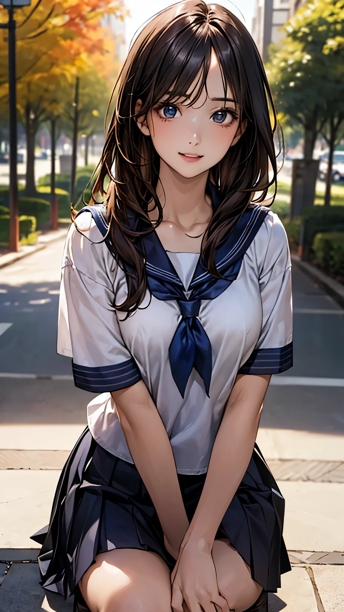 (masterpiece:1.2, top-quality), (realistic, photorealistic:1.4), beautiful illustration, (natural side lighting, movie lighting), depth of fields, 2024s,
beautiful detailed hair, beautiful detailed face, beautiful detailed eyes, beautiful clavicle, beautiful body, beautiful chest, beautiful thigh, beautiful legs, beautiful fingers, shiny skin,
looking at viewer, 1 girl, high school girl, (perfect anatomy, anatomically correct, super detailed skin), cute and symmetrical face, perfect face, perfect eyes, tiny, face,
(middle hair, straight hair, dark brown hair), swept bangs, blue eyes, drooping eyes, long eyelashes, (medium breasts, seductive thighs), slender, outstanding style,
(detailed cloth texture), break (navy sailor suit), break, (navy pleated skirt), break (blue sailor neckerchief), break
(beautiful scenery), autumn, afternoon, (tree-lined avenue:1.2, chestnut tree, ginkgo tree, grass), squatting, (), (cute smile, parted lips),