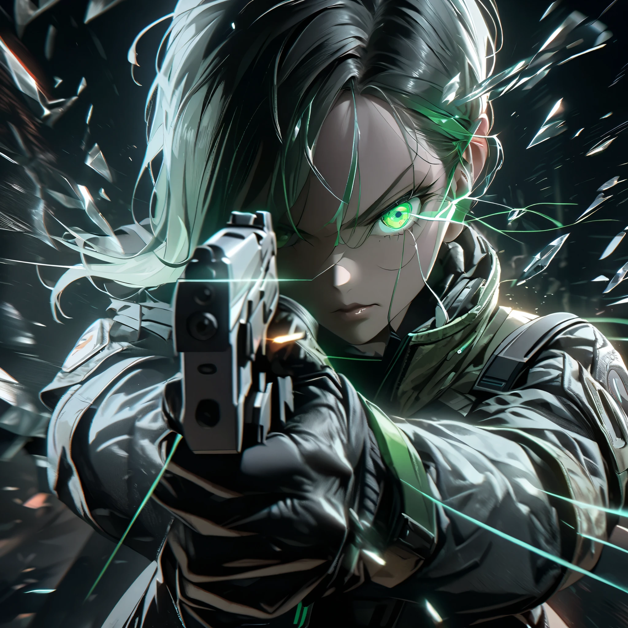 A cyberpunk-style close-up illustration of a female character aiming a futuristic handgun directly at the viewer. The scene features shattered glass fragments spreading dynamically outward, creating a sense of impact and intensity. The character has a sharp gaze with glowing green eyes, her expression fierce and focused. She wears a tactical jacket with detailed patches and a metallic, high-tech design, illuminated by subtle neon lighting. The background is dark and blurred, accented with faint futuristic light streaks, enhancing the dramatic tension. The overall aesthetic combines realism and a high-energy, cinematic feel with an emphasis on vivid details and action.