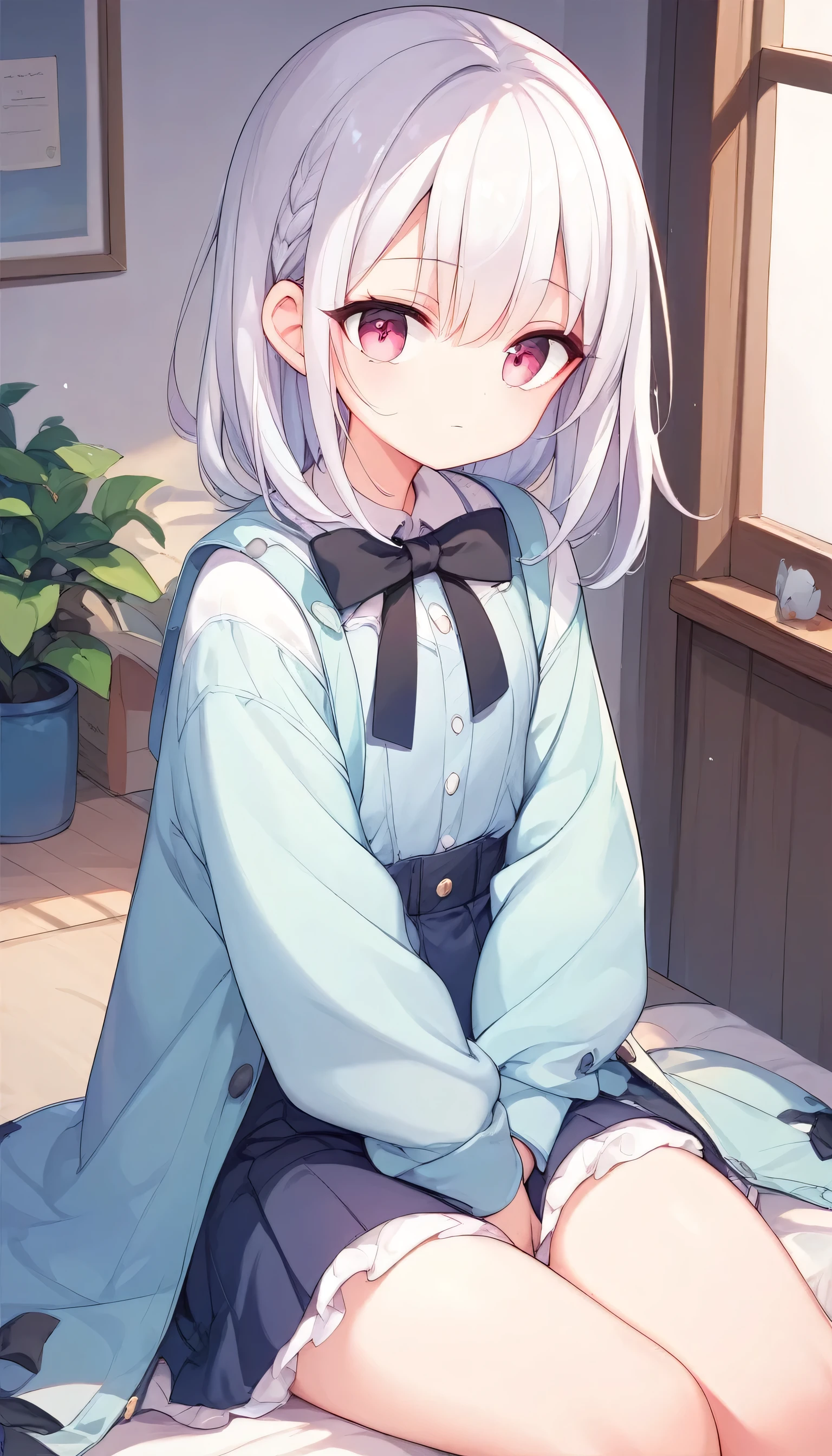  best quality、High image quality、8k、 1 girl、White Hair、Pink and light blue odd-eye 、 see here、 clothes with pink and black ribbons、 in the room、Sitting down