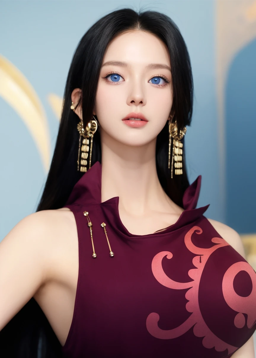 asian woman, purple dress, gold snake earrings, black hair, big tits