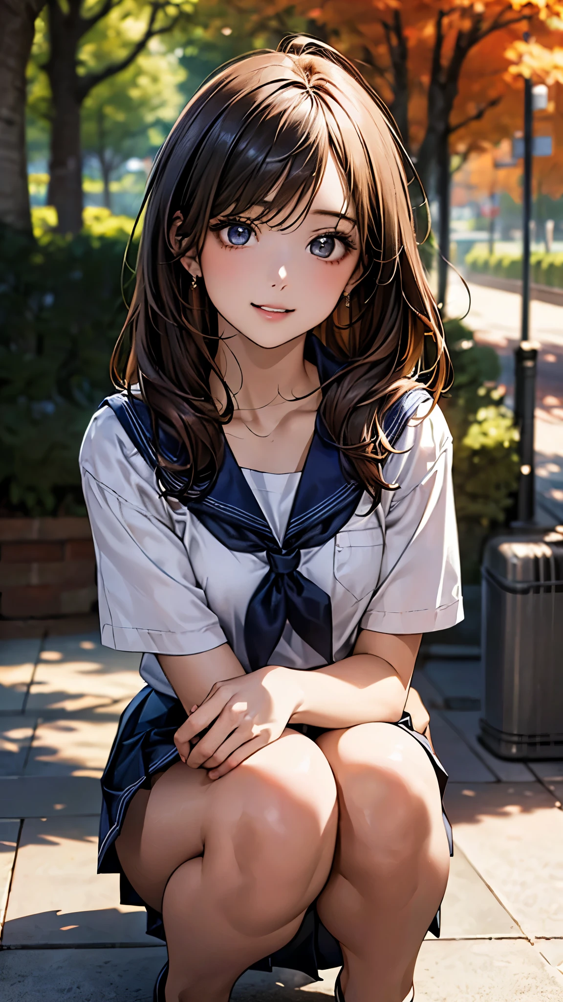 (masterpiece:1.2, top-quality), (realistic, photorealistic:1.4), beautiful illustration, (natural side lighting, movie lighting), depth of fields, 2024s, 
beautiful detailed hair, beautiful detailed face, beautiful detailed eyes, beautiful clavicle, beautiful body, beautiful chest, beautiful thigh, beautiful legs, beautiful fingers, shiny skin, 
looking at viewer, 1 girl, high school girl, (perfect anatomy, anatomically correct, super detailed skin), cute and symmetrical face, perfect face, perfect eyes, tiny, face, 
(middle hair, straight hair, dark brown hair), swept bangs, blue eyes, drooping eyes, long eyelashes, (medium breasts, seductive thighs), slender, outstanding style, 
(detailed cloth texture), break (navy sailor suit), break, (navy pleated skirt), break (blue sailor neckerchief), break
(beautiful scenery), autumn, afternoon, (tree-lined avenue:1.2, chestnut tree, ginkgo tree, grass), squatting, (), (cute smile, parted lips), 