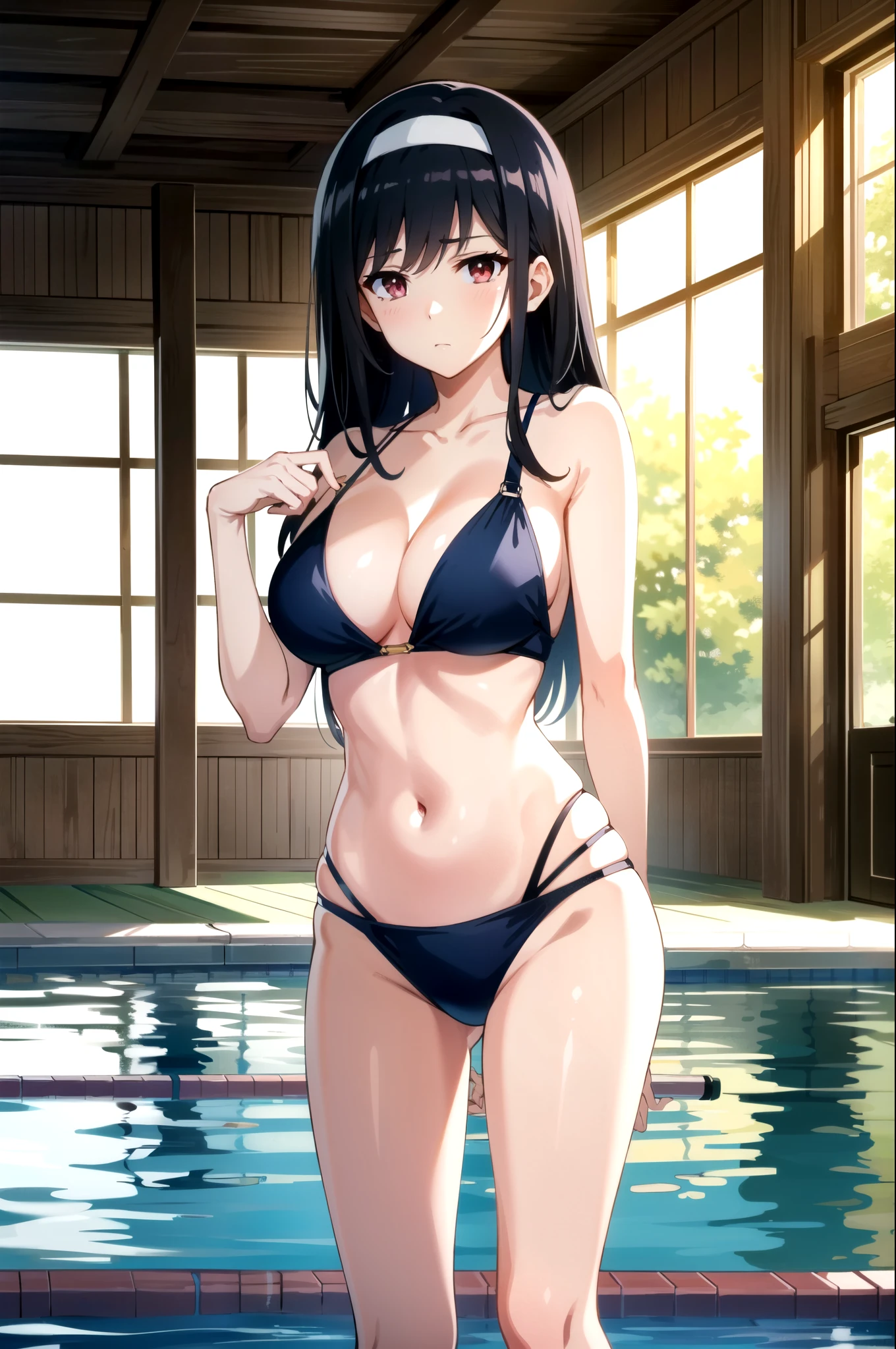 An anime-style depiction of a beautiful young woman with long, straight black hair, wearing a white headband. She has vibrant red eyes and a healthy, fair complexion. She is dressed in a simple navy blue bikini with ring-style straps, standing by a wooden window with sunlight streaming through. The background shows an indoor poolside with greenery visible through the window. Her pose is relaxed yet confident, leaning slightly against the window, with a serious yet calm expression. The style is highly detailed and vibrant, typical of modern Japanese anime artwork, with soft natural lighting.
