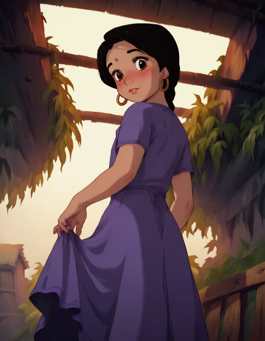 Shanti,  black hair ,  braided ponytail ,  brown eyes, score_9, score_8_up, score_7_up, score_6_up, score_5_up, score_4_up, woman,  retro art style , flat chest, clavicle, (Alone), standing,  Looking at the viewer, earrings rings , purple dress,   inside the house , of coasts, panties, in this pra cima, bottom view, in this,  Back View, curved, shy, Blush, ((lift dress)), Bend