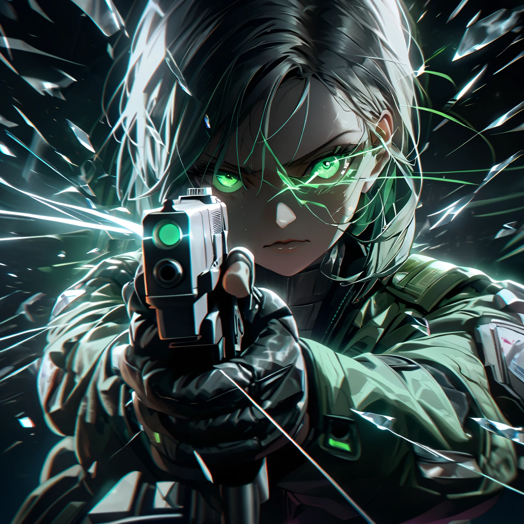 A cyberpunk-style close-up illustration of a female character aiming a futuristic handgun directly at the viewer. The scene features shattered glass fragments spreading dynamically outward, creating a sense of impact and intensity. The character has a sharp gaze with glowing green eyes, her expression fierce and focused. She wears a tactical jacket with detailed patches and a metallic, high-tech design, illuminated by subtle neon lighting. The background is dark and blurred, accented with faint futuristic light streaks, enhancing the dramatic tension. The overall aesthetic combines realism and a high-energy, cinematic feel with an emphasis on vivid details and action.